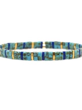 Turquoise Tila Bead Bracelet – Blue Stone Look with Gold Accents – Stretch Stack